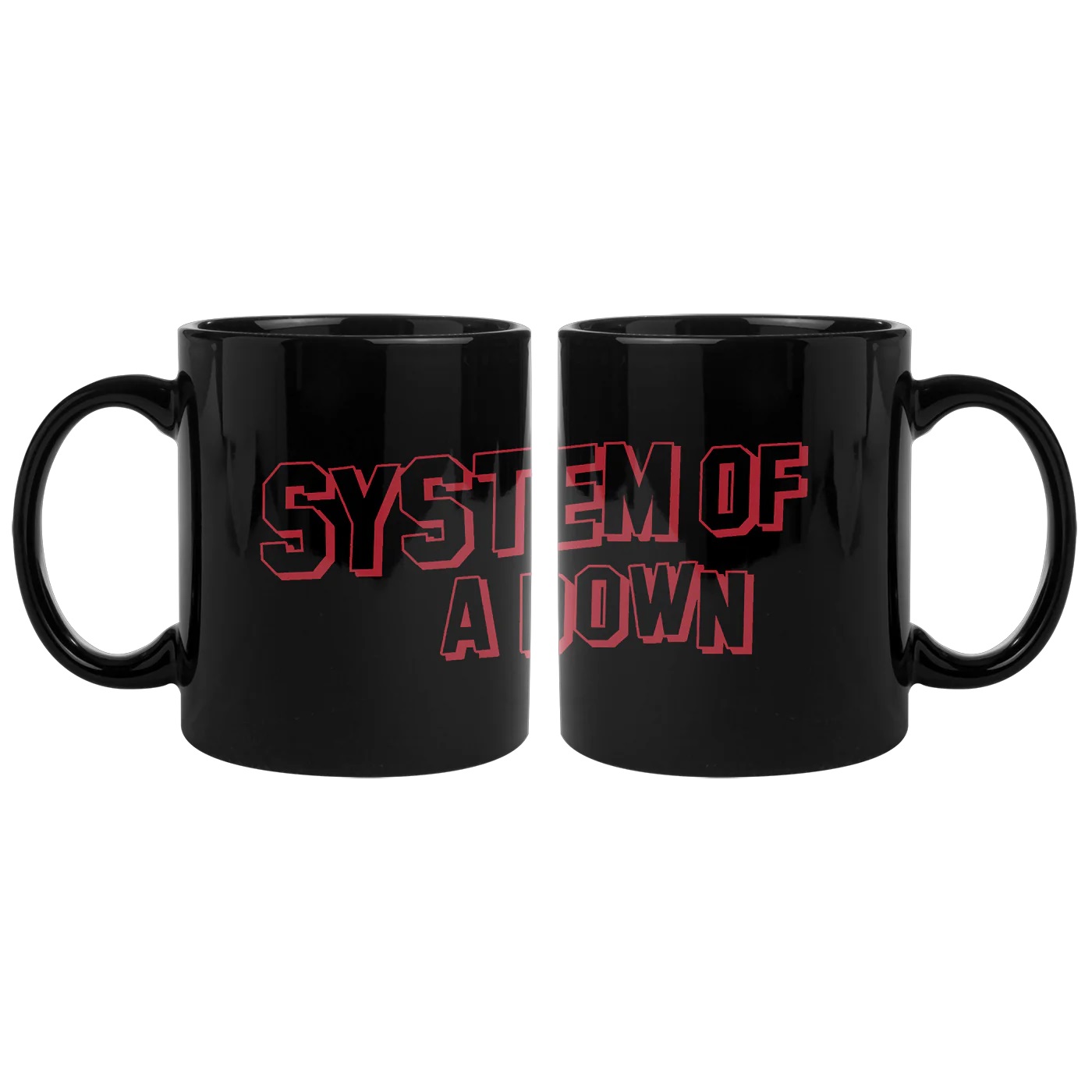 Taza negra oficial de System of a Down con logo rojo 'SOAD Hollywood'
